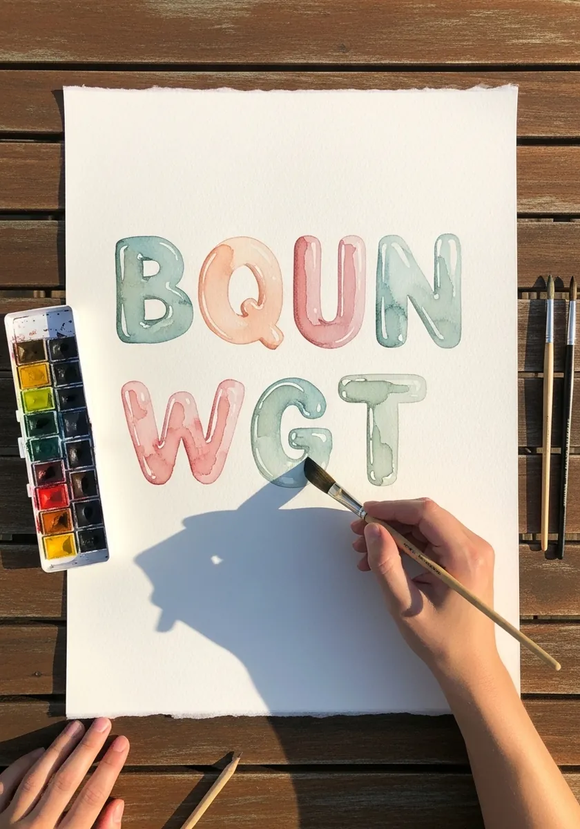 Soft green pink and blue inflatable letters with long gray cast shadows