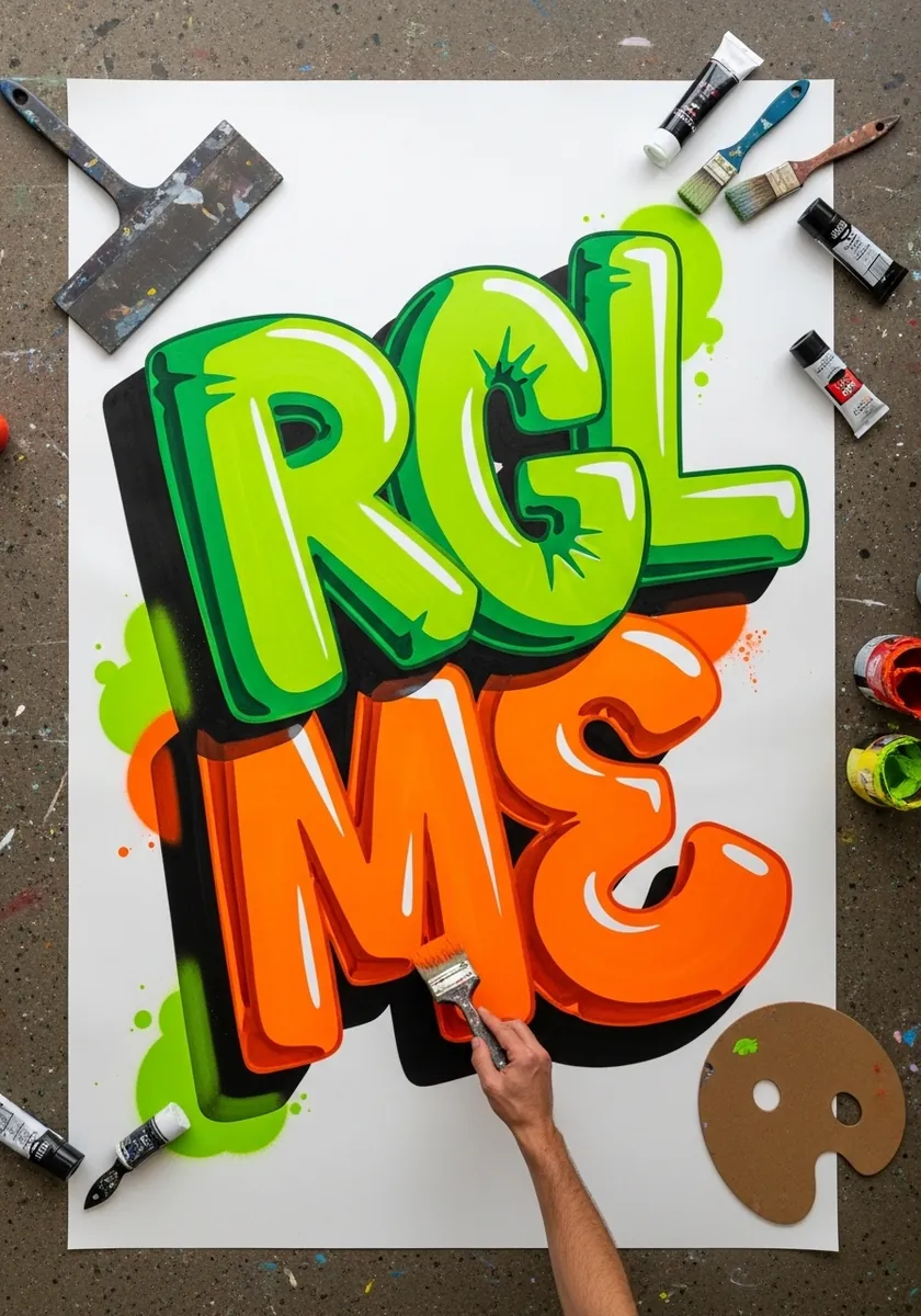 Bright green and orange inflatable letters with thick black extruded sides