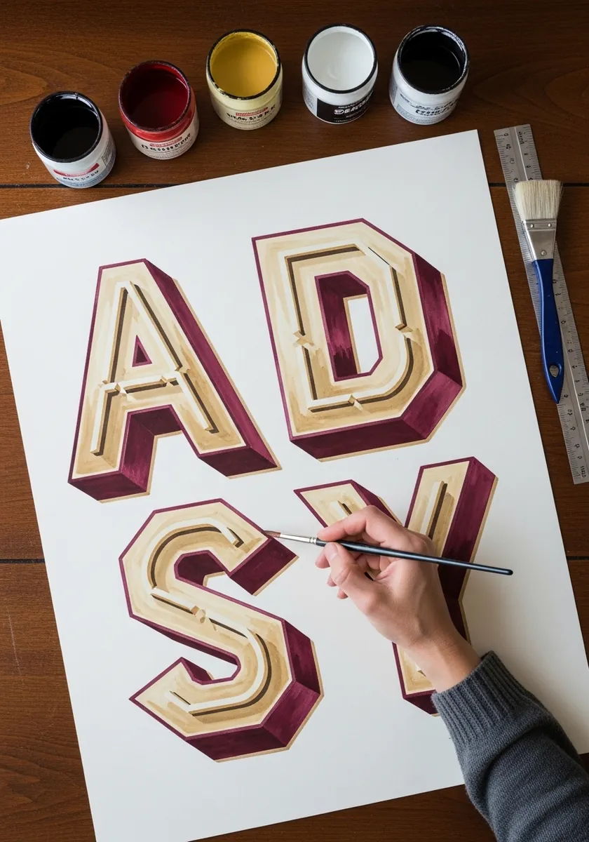 Cream inflatable letters with burgundy shadow sides on white paper