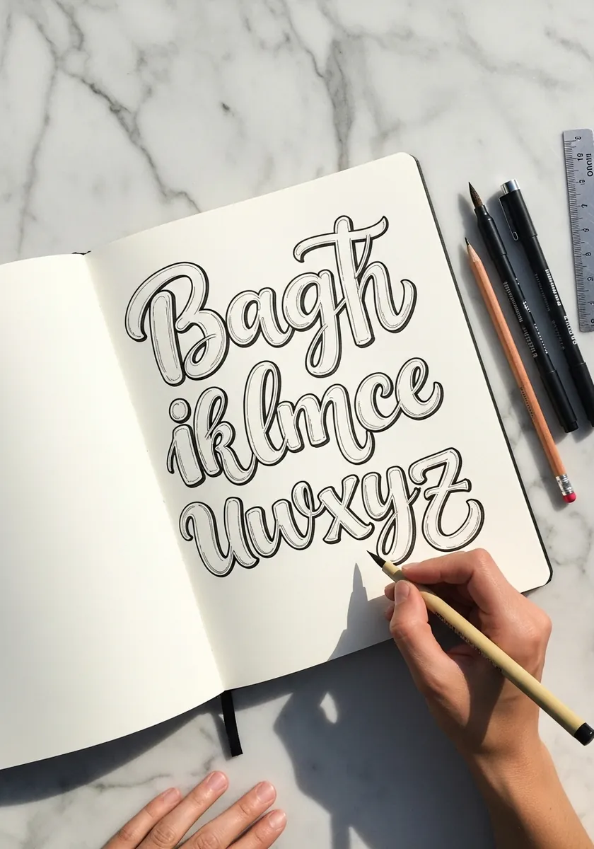 Rounded puffy script alphabet drawn in pencil across an open sketchbook