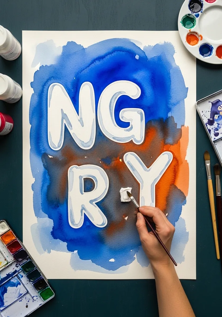 White inflatable letters reserved against a deep blue watercolor wash