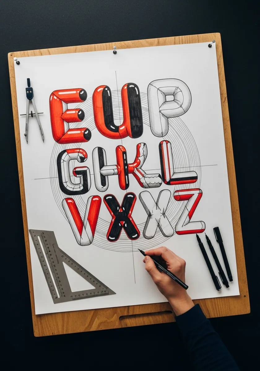 Red and blue inflatable alphabet drawn with drafting tools and guidelines
