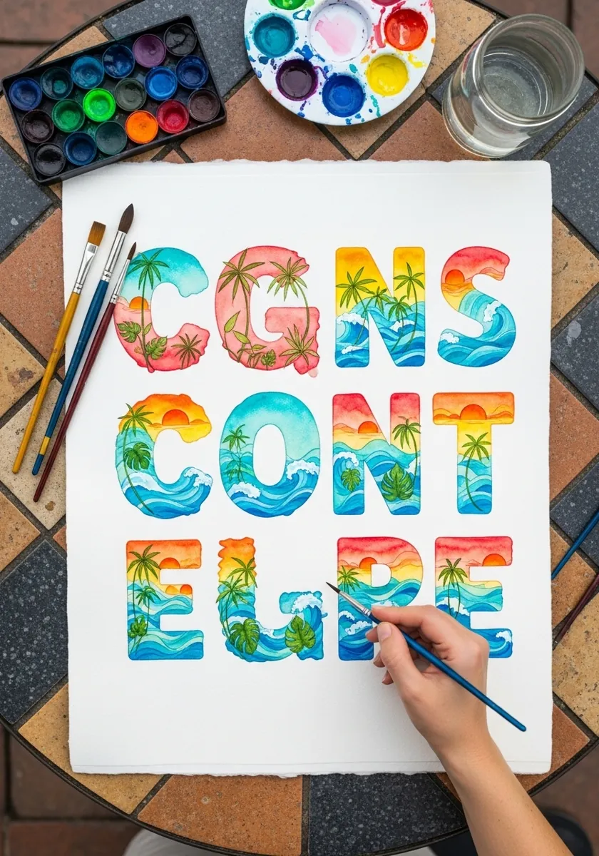 Inflatable letters filled with painted sunsets palm trees and ocean scenes