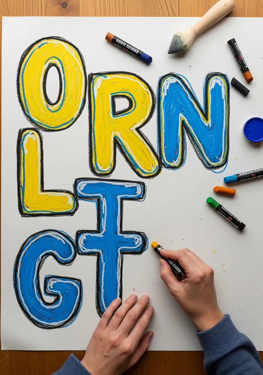 Thick blue yellow and red inflatable letters drawn in wax crayon and marker