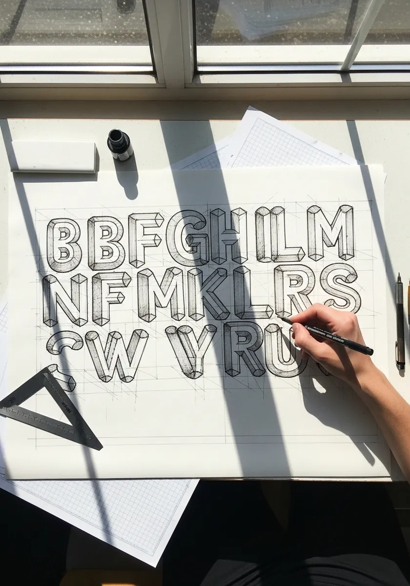 Faint gray inflatable alphabet lightly sketched in a sunlit sketchbook