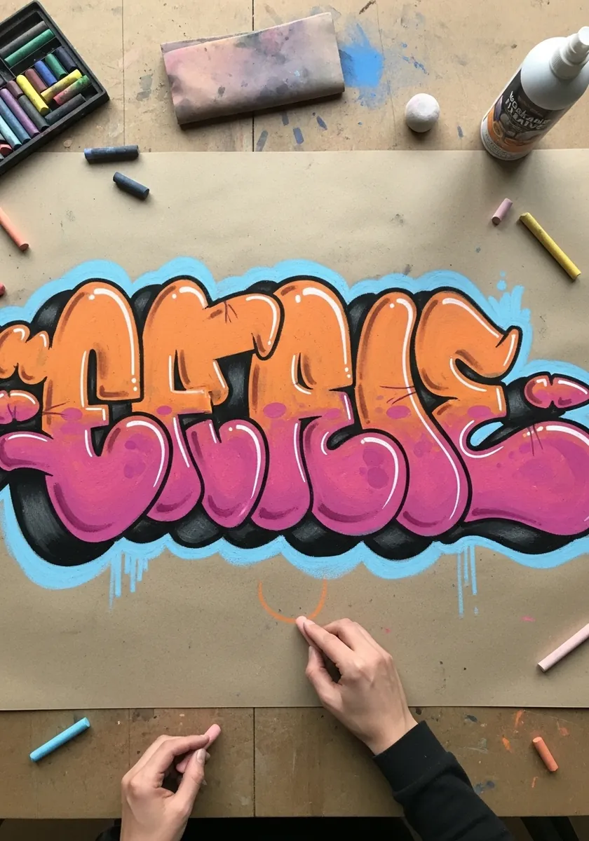 Bold pink graffiti bubble lettering with a blue cloud outline on toned paper