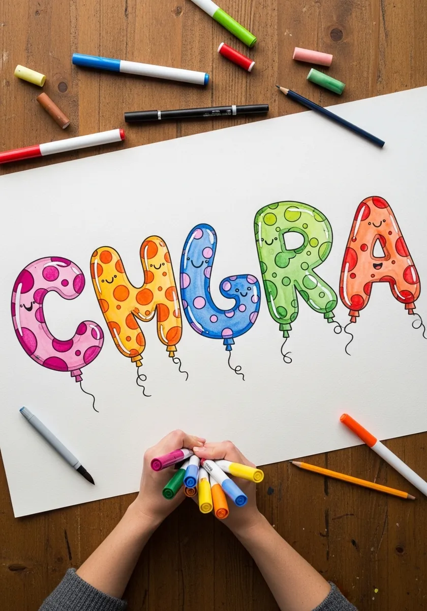 Bright patterned balloon letters with polka dots and drawn strings below