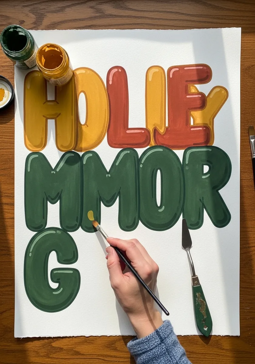 Chunky inflatable letters painted in mustard rust and forest green gouache