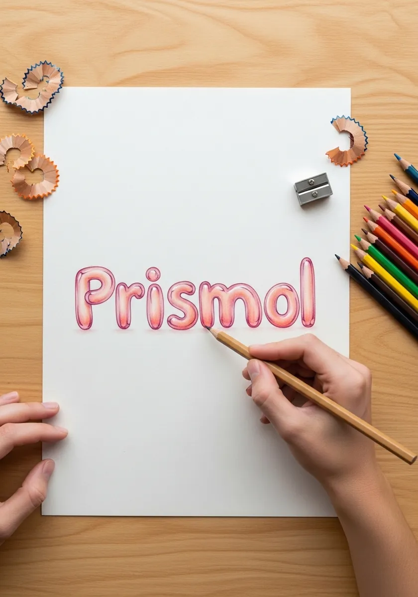 Rounded pink cursive word drawn in soft colored pencil on cream paper