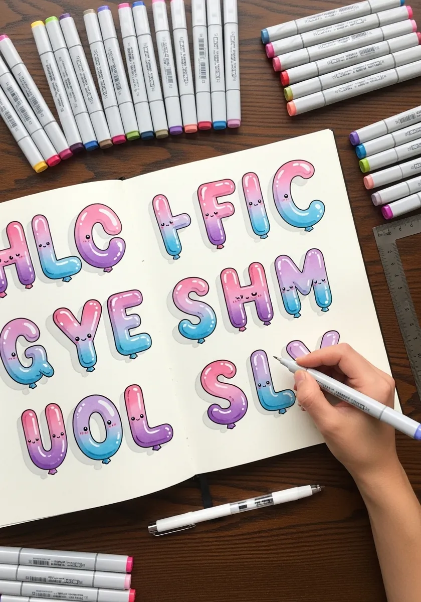 Full alphabet of bubble letters in blue purple and pink alcohol marker
