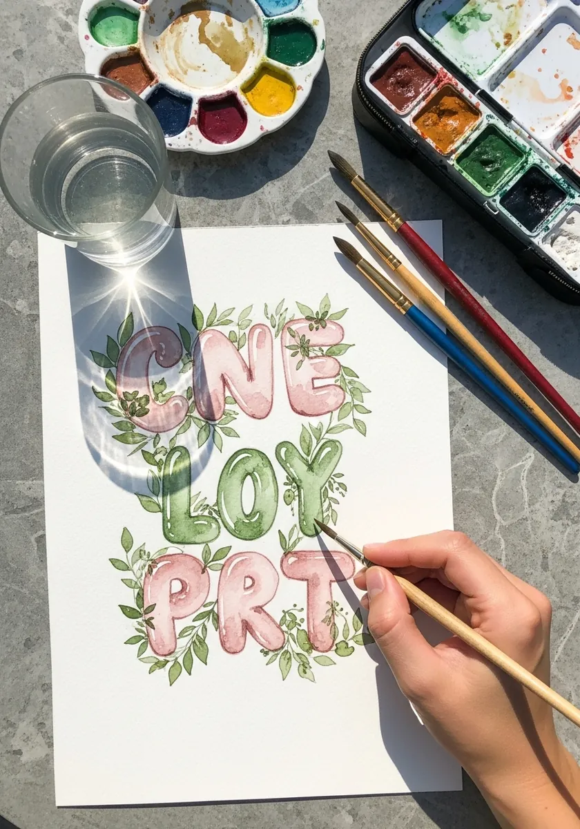 Pale inflatable lettering wrapped in painted green leaves and climbing vines