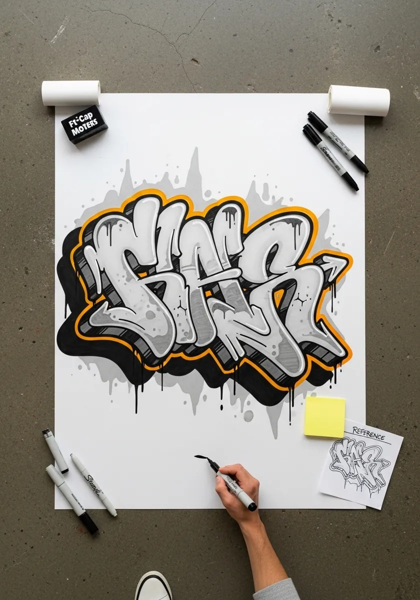 Silver chrome graffiti lettering with black outline and yellow keyline