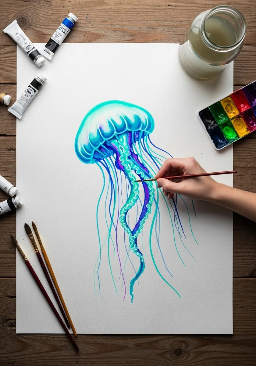 Glowing teal and blue watercolor jellyfish with long trailing neon tentacles