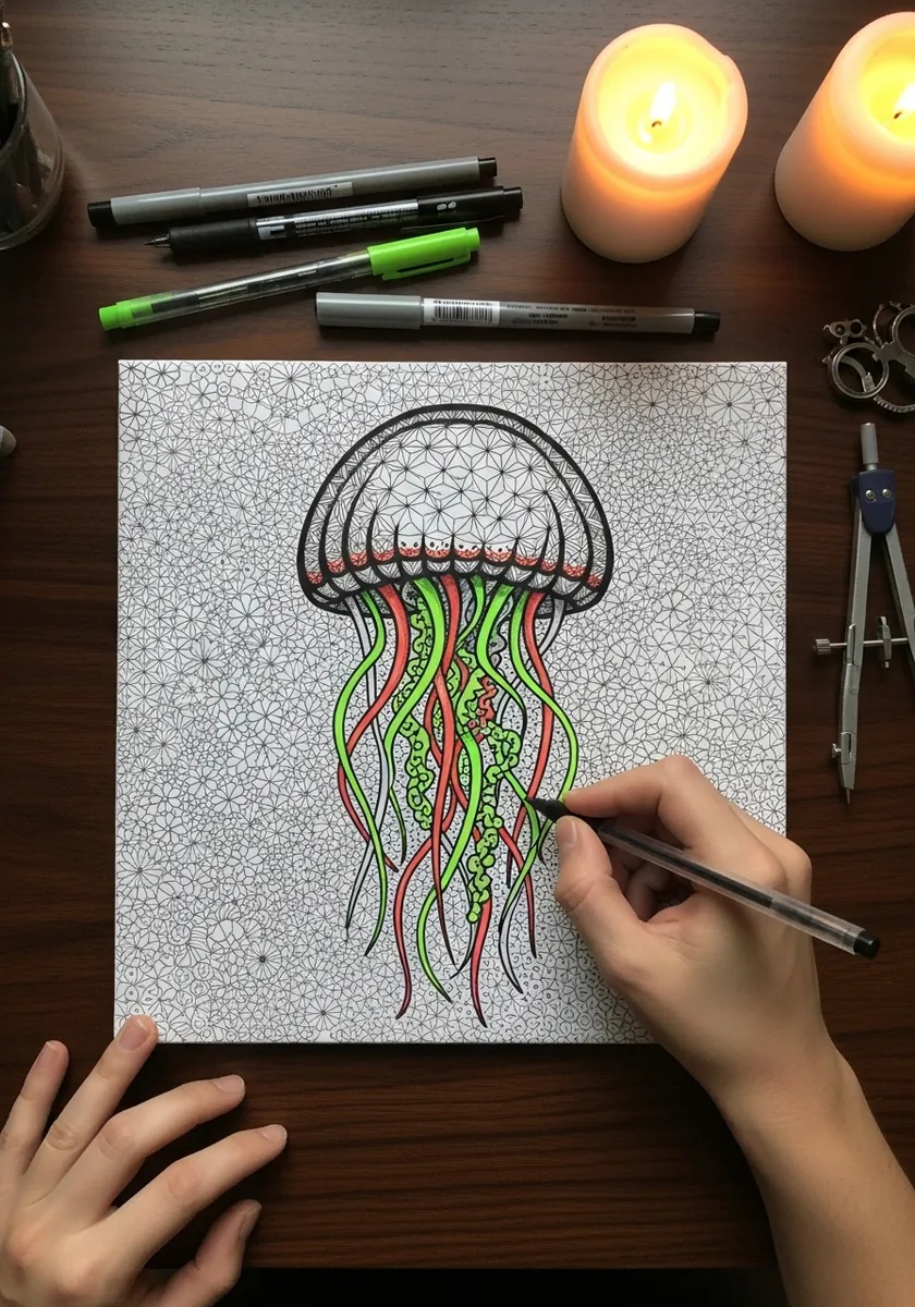 Delicate ink jellyfish outline with pale green tentacles on textured board