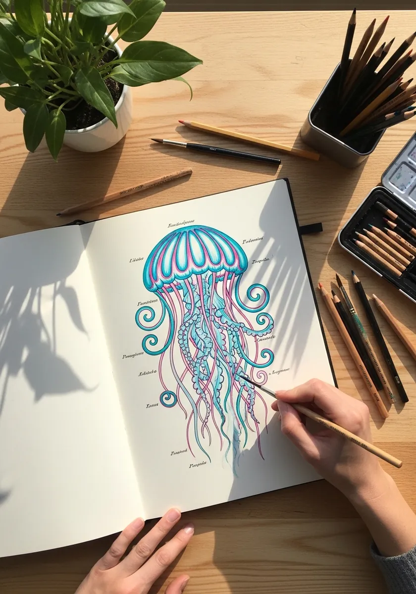 Anatomical jellyfish diagram with labeled bell oral arms and tentacles