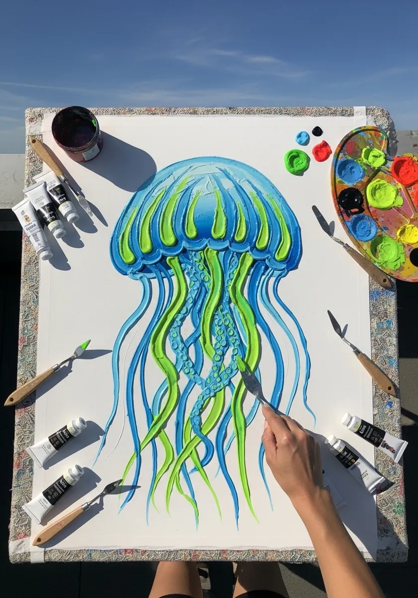 Blue and green jellyfish with very long tentacles trailing down the page