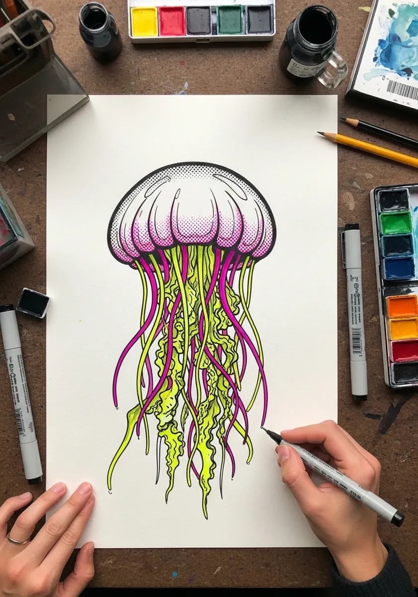 Vivid magenta and lime green ink jellyfish with a heavy outlined bell