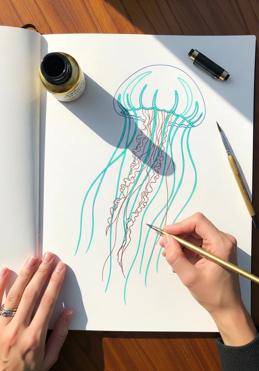 Very light cyan jellyfish sketch with fine tentacle lines on white paper