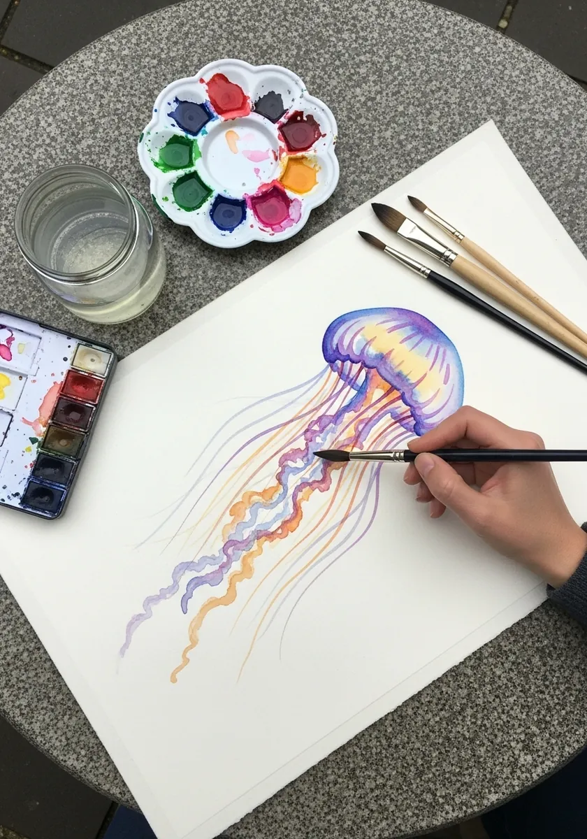 Soft lavender and peach watercolor jellyfish painted with loose wet edges