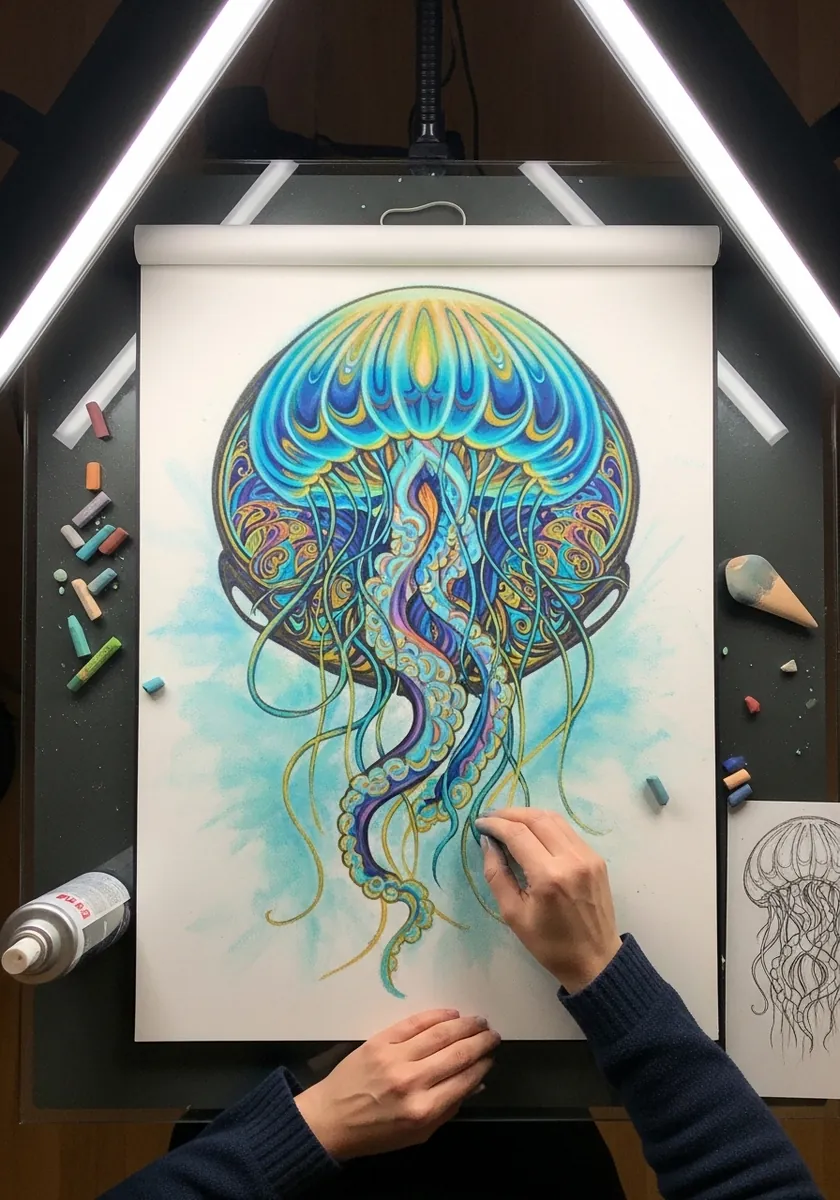 Decorative teal and gold jellyfish with symmetrical ornamental patterning