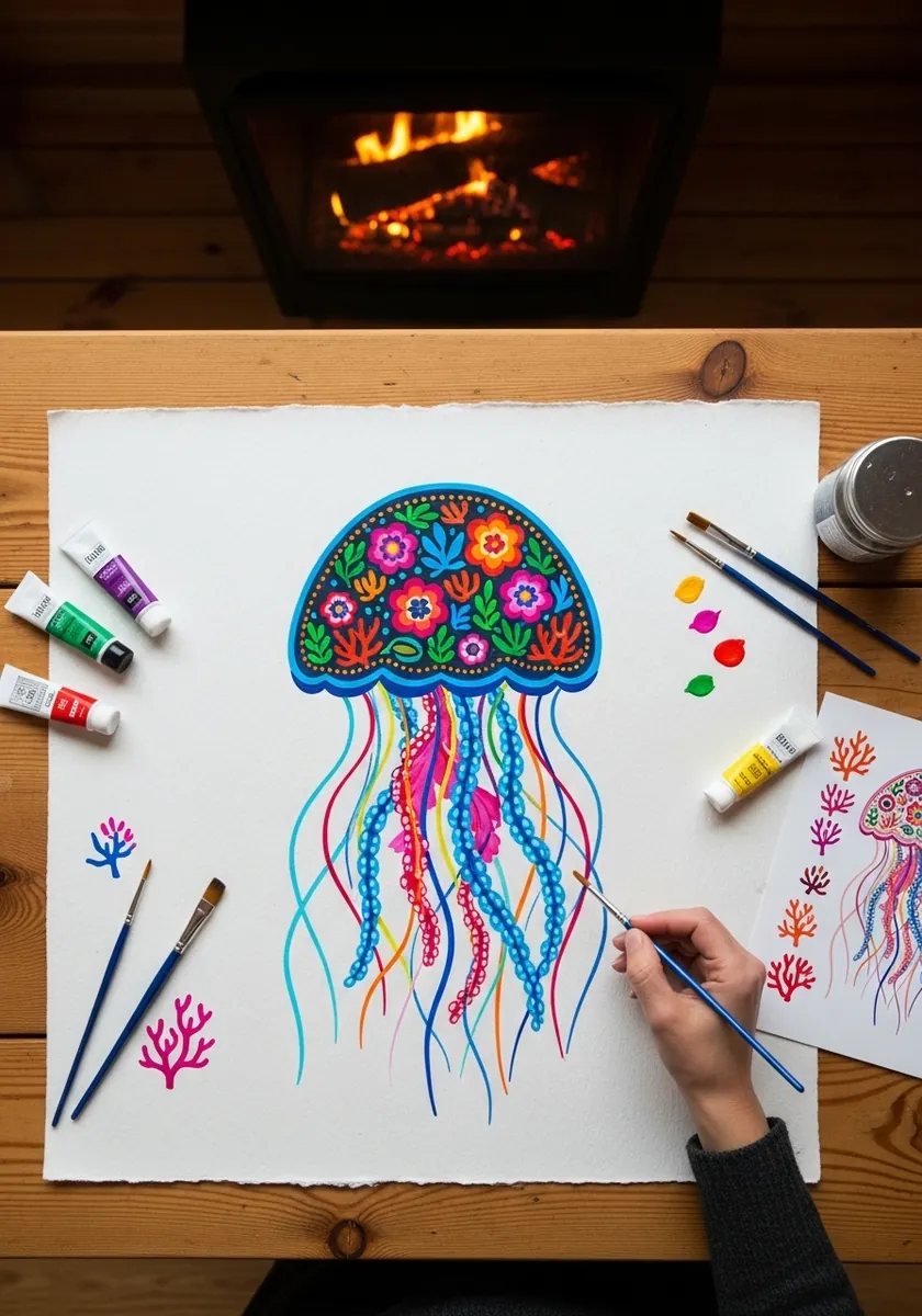 Jellyfish with a folk art floral patterned bell surrounded by painted coral