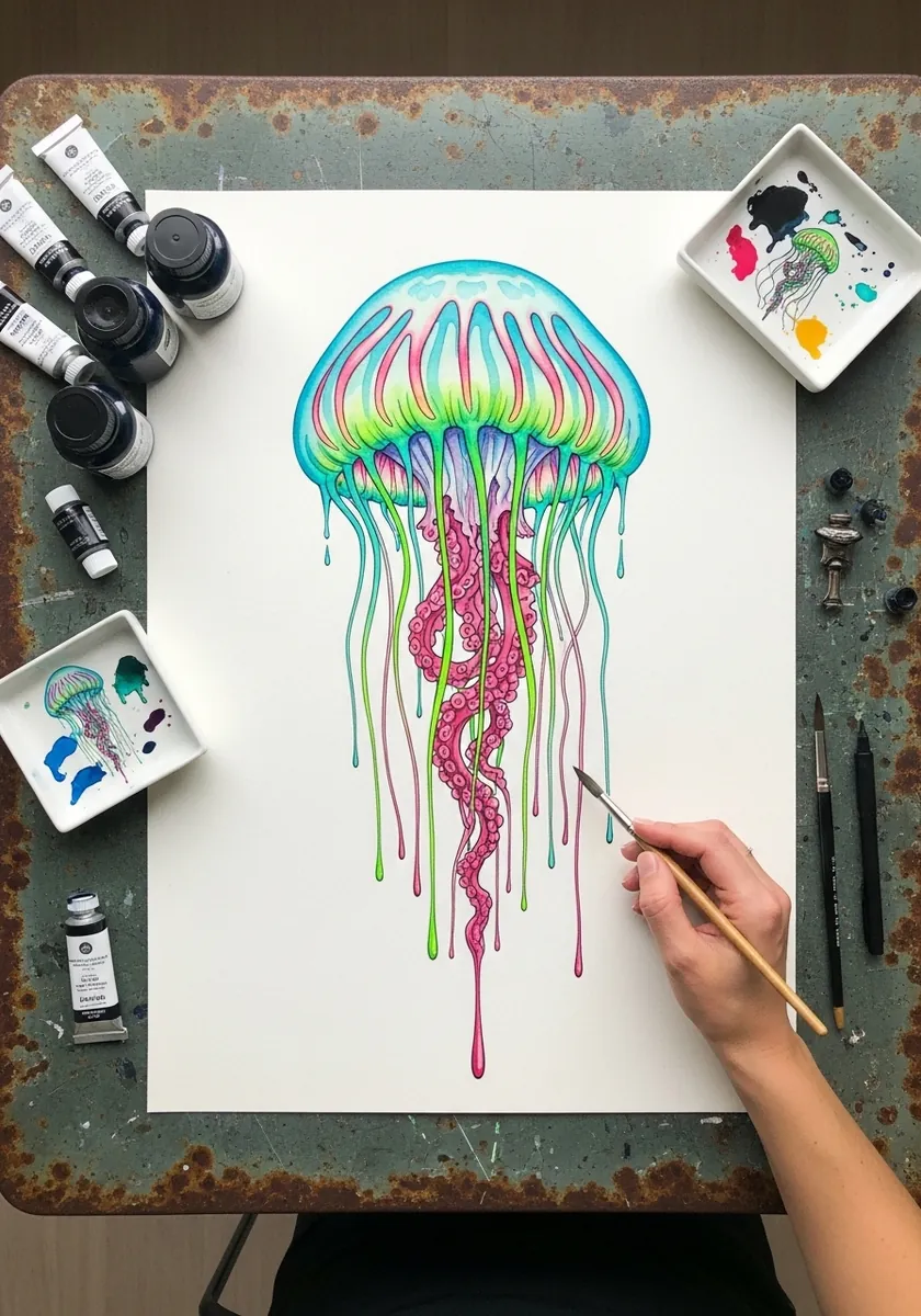 Neon green and magenta jellyfish with paint running down into long tentacles