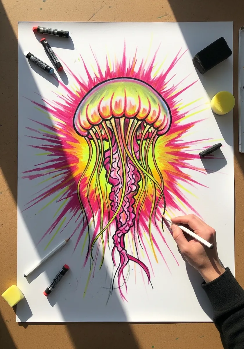 Hot pink and yellow jellyfish surrounded by radiating spiked lines of color