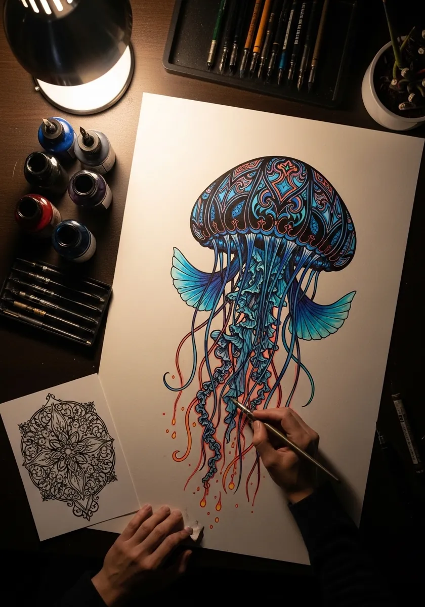 Intricate deep blue jellyfish with dense ornamental patterning in a dim room