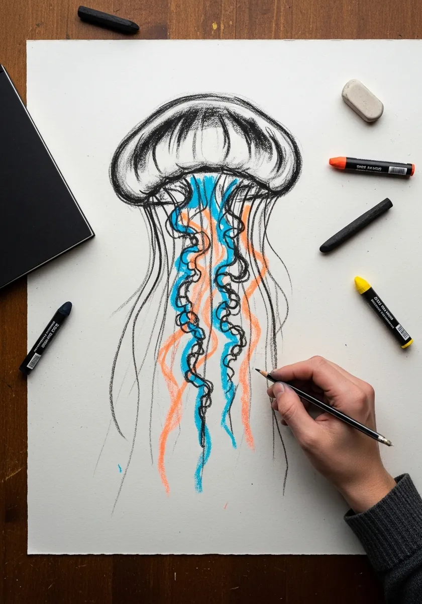 Graphite shaded jellyfish bell with bright orange and blue neon tentacles