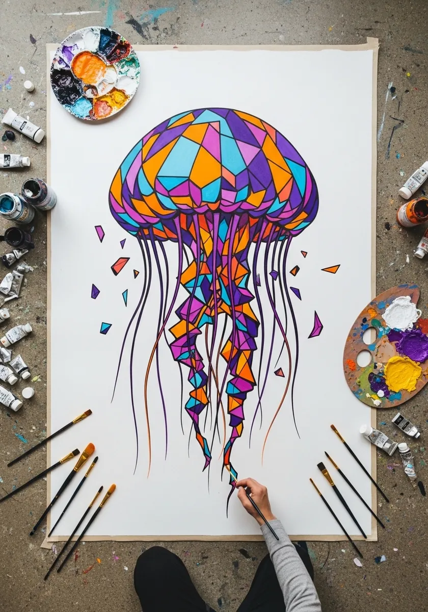 Jellyfish built from angular colored facets like a stained glass window