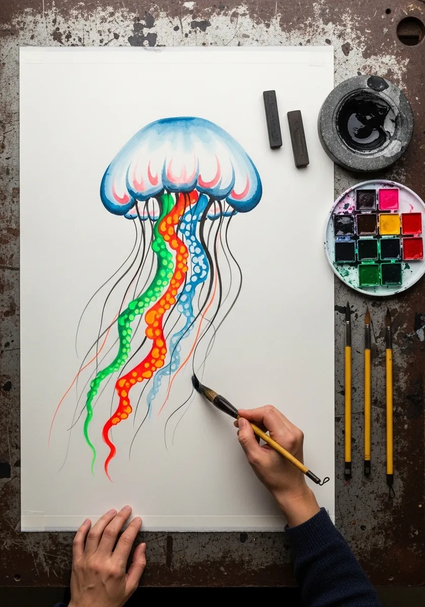 Jellyfish with wide rainbow ribbon tentacles twisting down the page