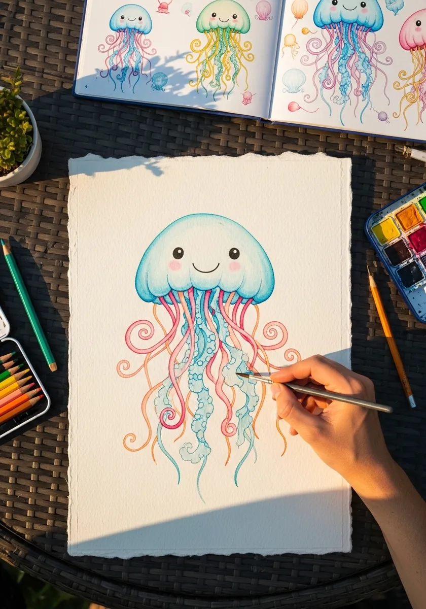 Simple smiling pastel jellyfish with curly tentacles drawn in colored pencil
