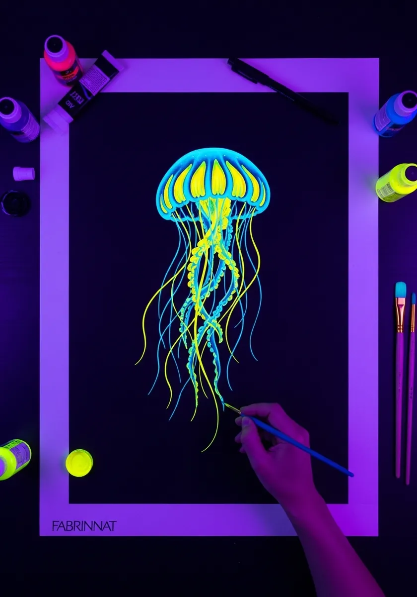 Fluorescent jellyfish painted with UV reactive paint glowing under blacklight
