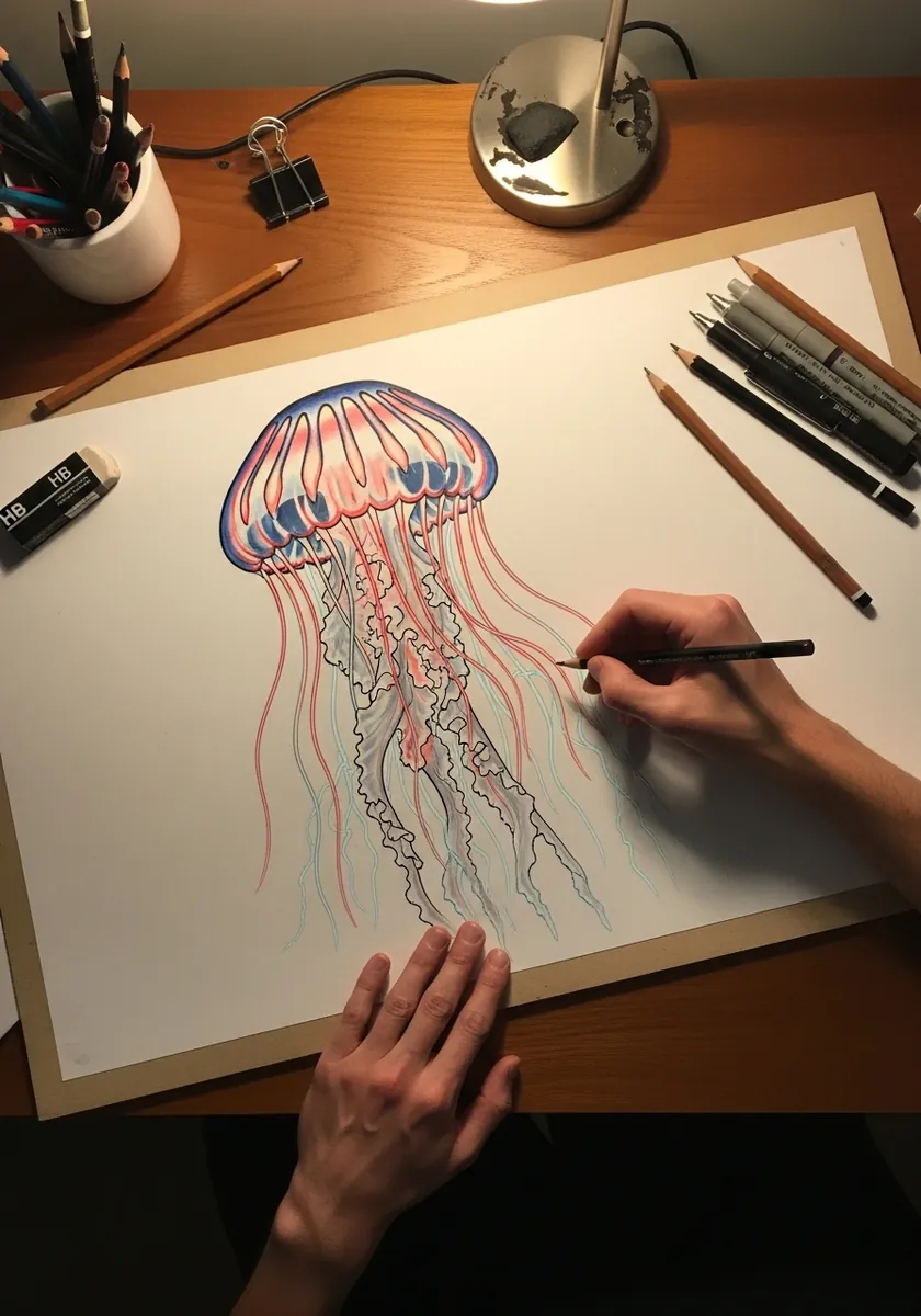 Soft pink and blue jellyfish shown next to its original graphite line drawing
