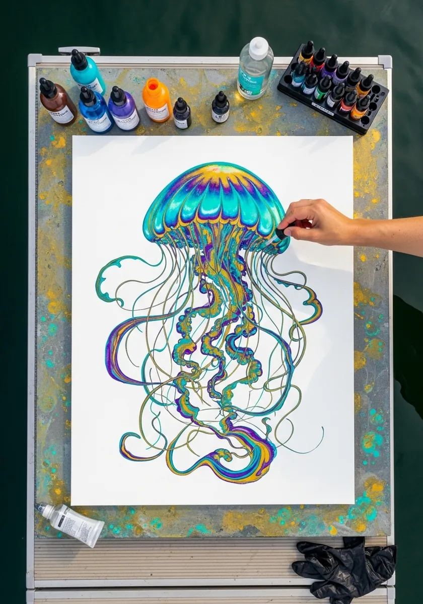 Rainbow gradient jellyfish bell with long flowing teal and green tentacles