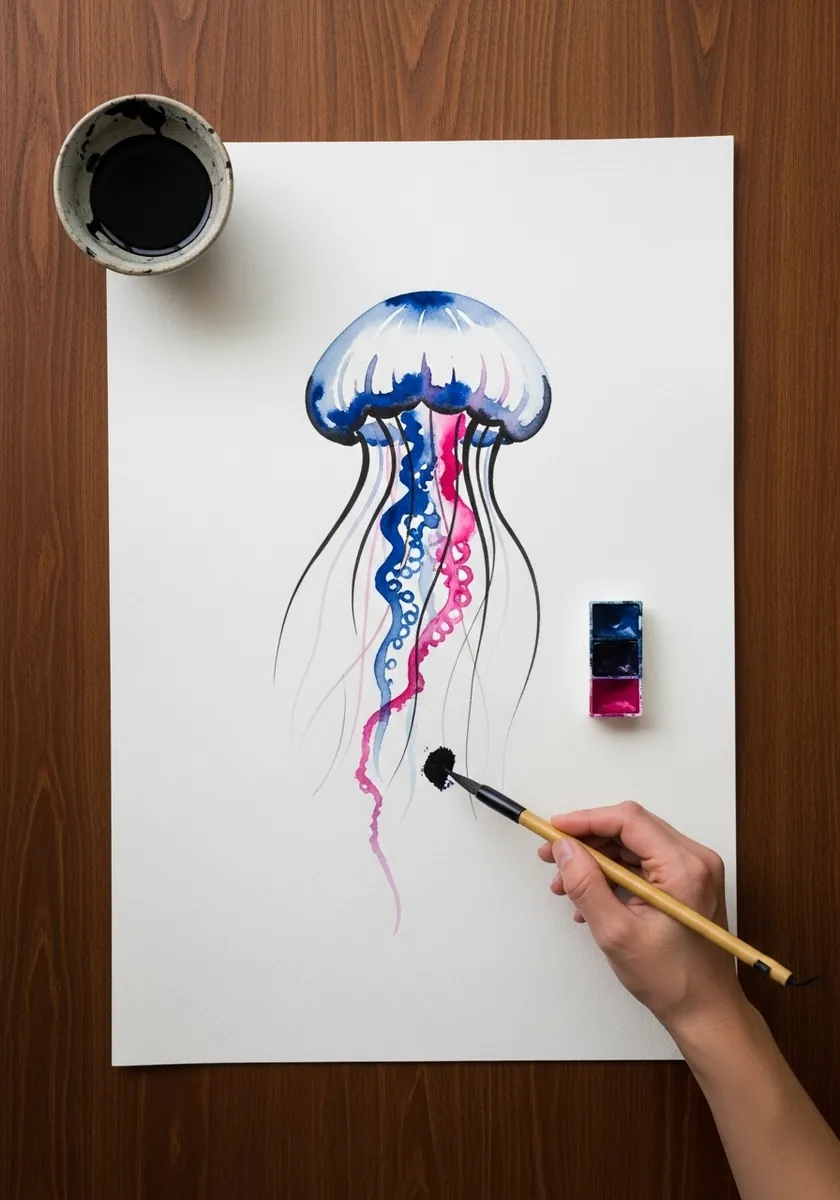 Small blue and pink jellyfish painted simply with diluted ink washes