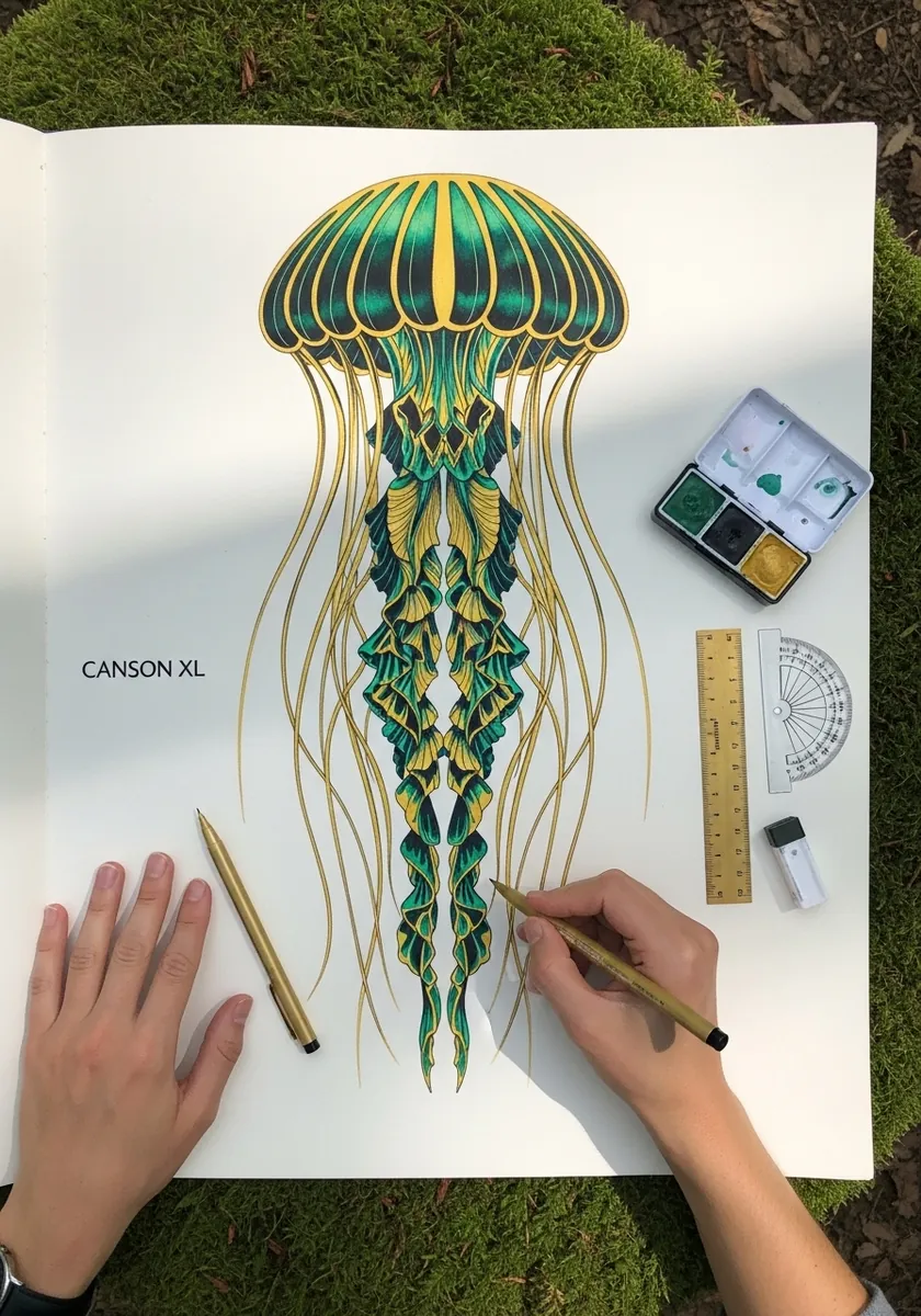 Symmetrical gold and deep green jellyfish drawn in an art nouveau style