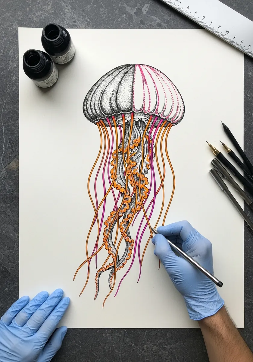 Detailed ink jellyfish with a striped bell and warm copper colored tentacles