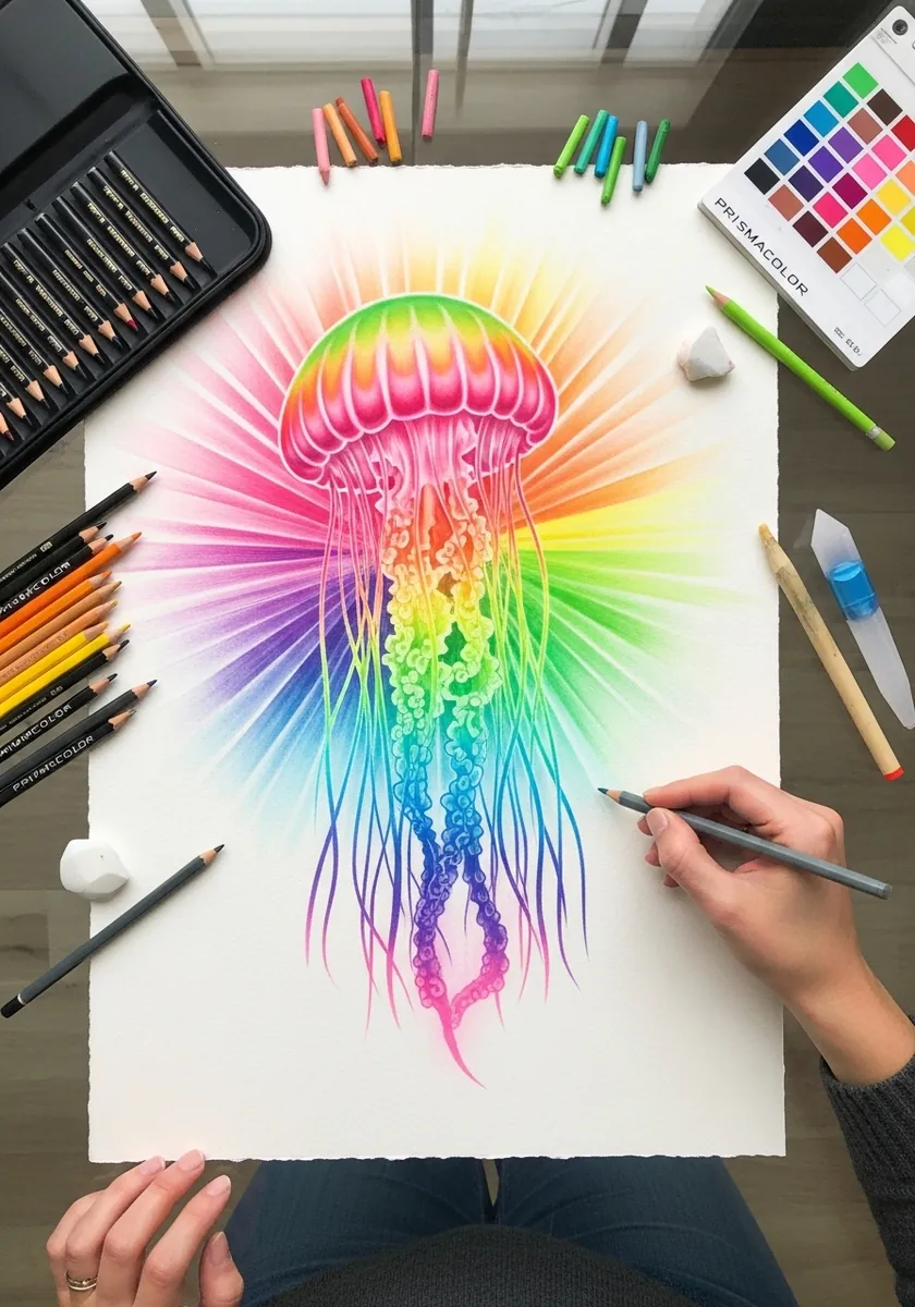 Jellyfish surrounded by a full rainbow halo of radiating colored lines
