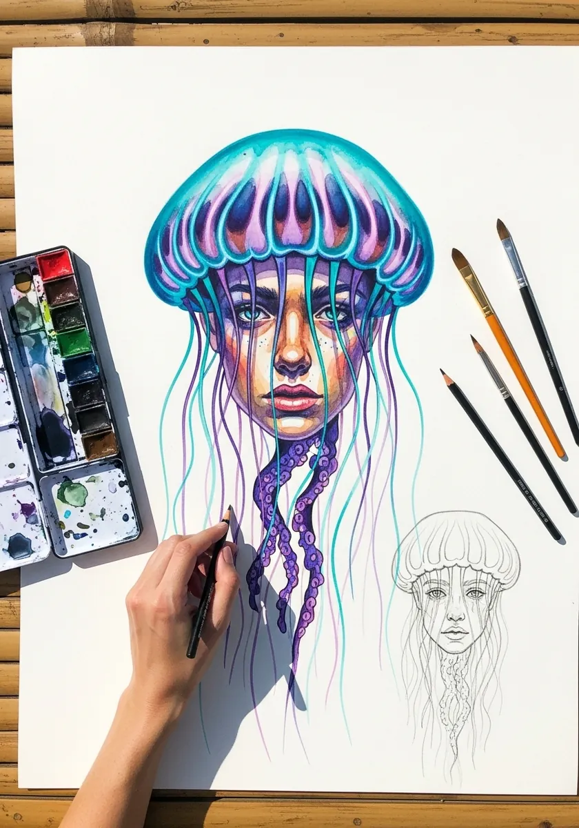 Surreal jellyfish with a human face rendered inside the translucent bell
