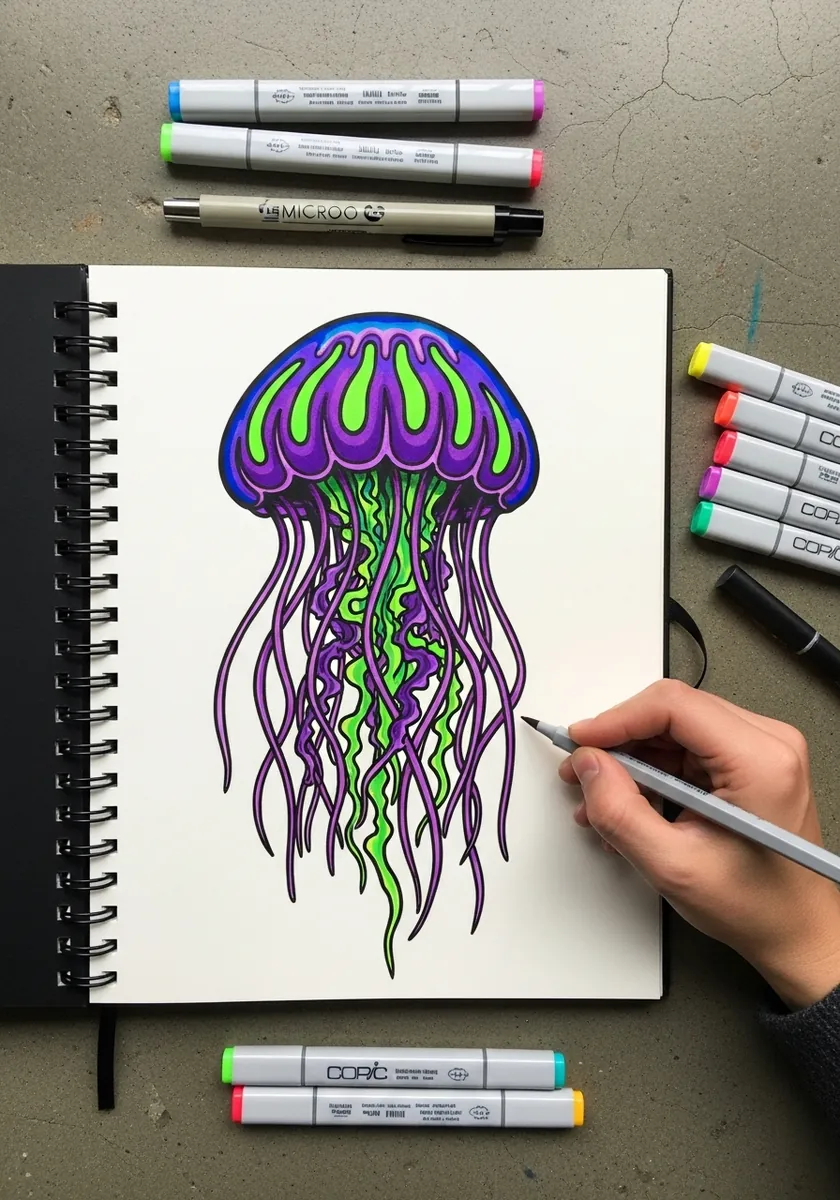 Bold purple and lime green marker jellyfish drawn in a spiral sketchbook