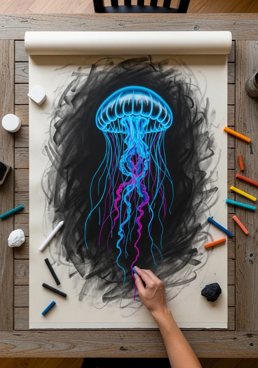 Bright cyan neon jellyfish glowing against a heavy black charcoal background