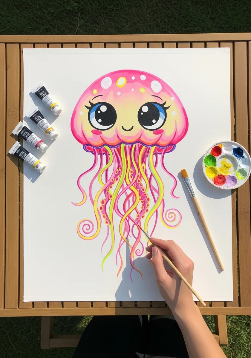 Cute pink cartoon jellyfish with large sparkling eyes and curled tentacles