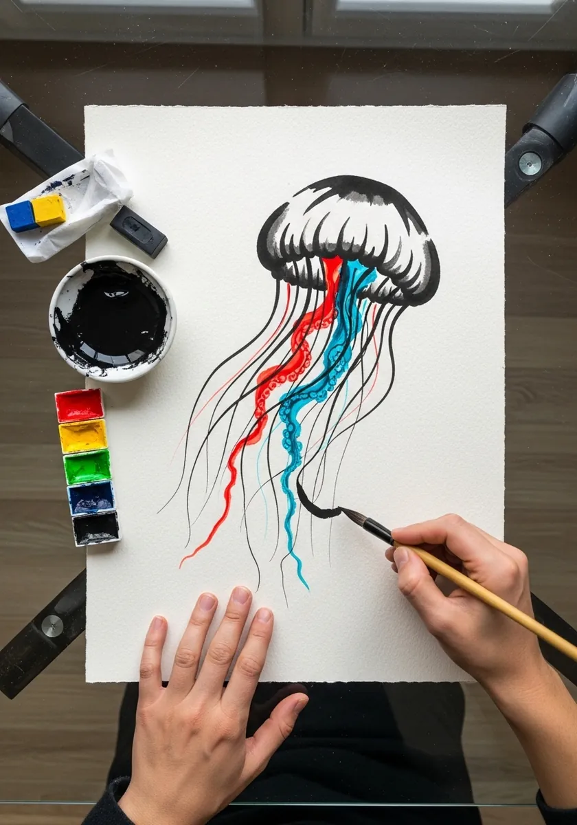Solid black ink jellyfish bell with red and blue paint dripping as tentacles