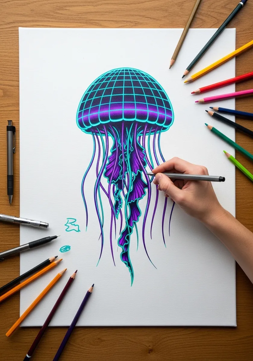 Teal jellyfish with a geometric grid pattern mapped across the bell dome