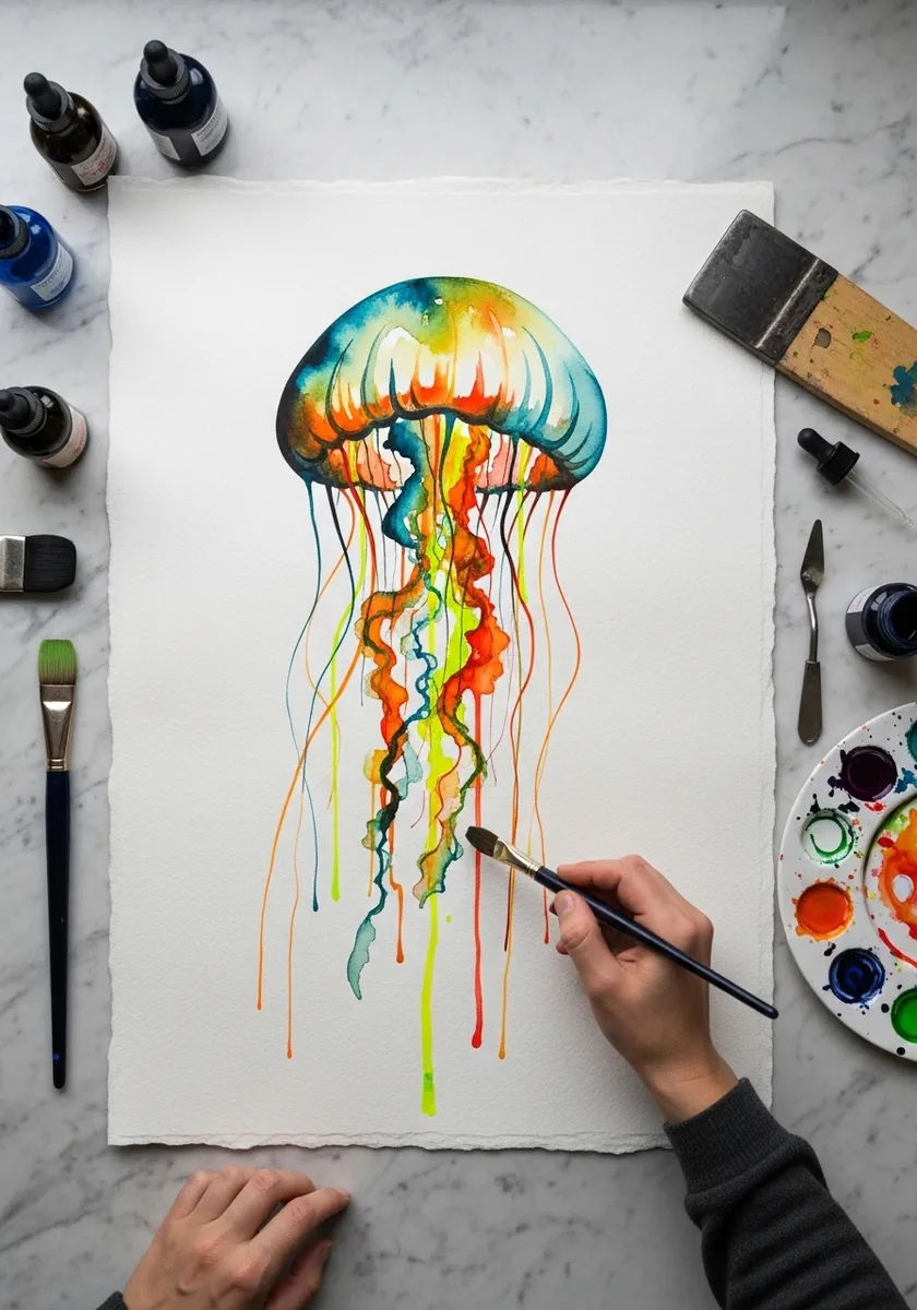 Rainbow gradient watercolor jellyfish with multicolored flowing tentacles