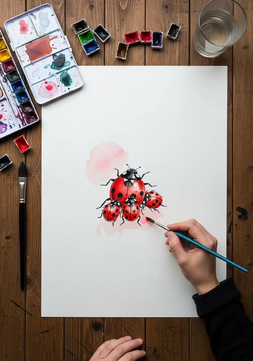 Group of red ladybugs painted in watercolor above a soft pink background wash