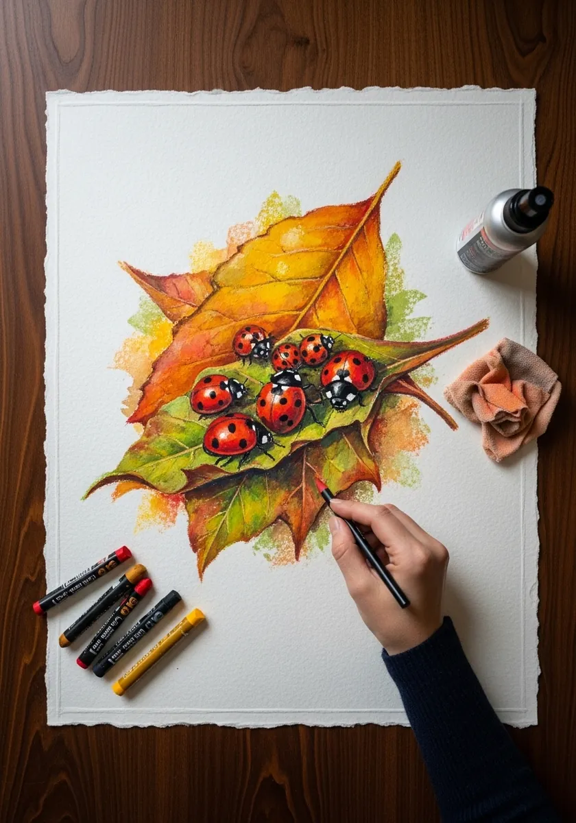 Oil pastel ladybugs resting on a golden orange and yellow autumn leaf