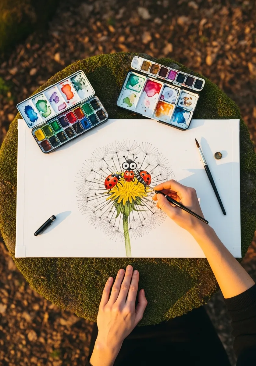 Watercolor ladybug perched on a yellow dandelion painted outdoors