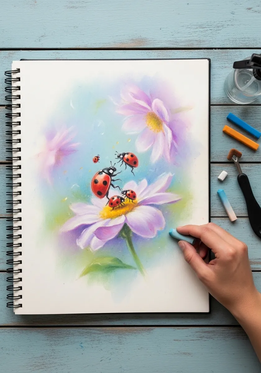 Soft pastel ladybugs on pale pink and lilac cosmos flowers with blurred edges